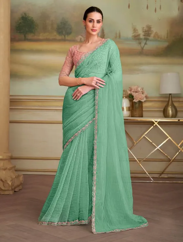 Light Green Tissue Crush Georgette Saree With Heavy Blouse