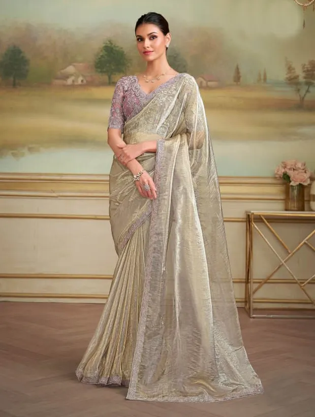 Beige Tissue Georgette Silk Saree With Heavy Blouse