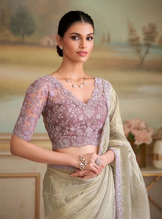 Beige Tissue Georgette Silk Saree With Heavy Blouse - Image 2