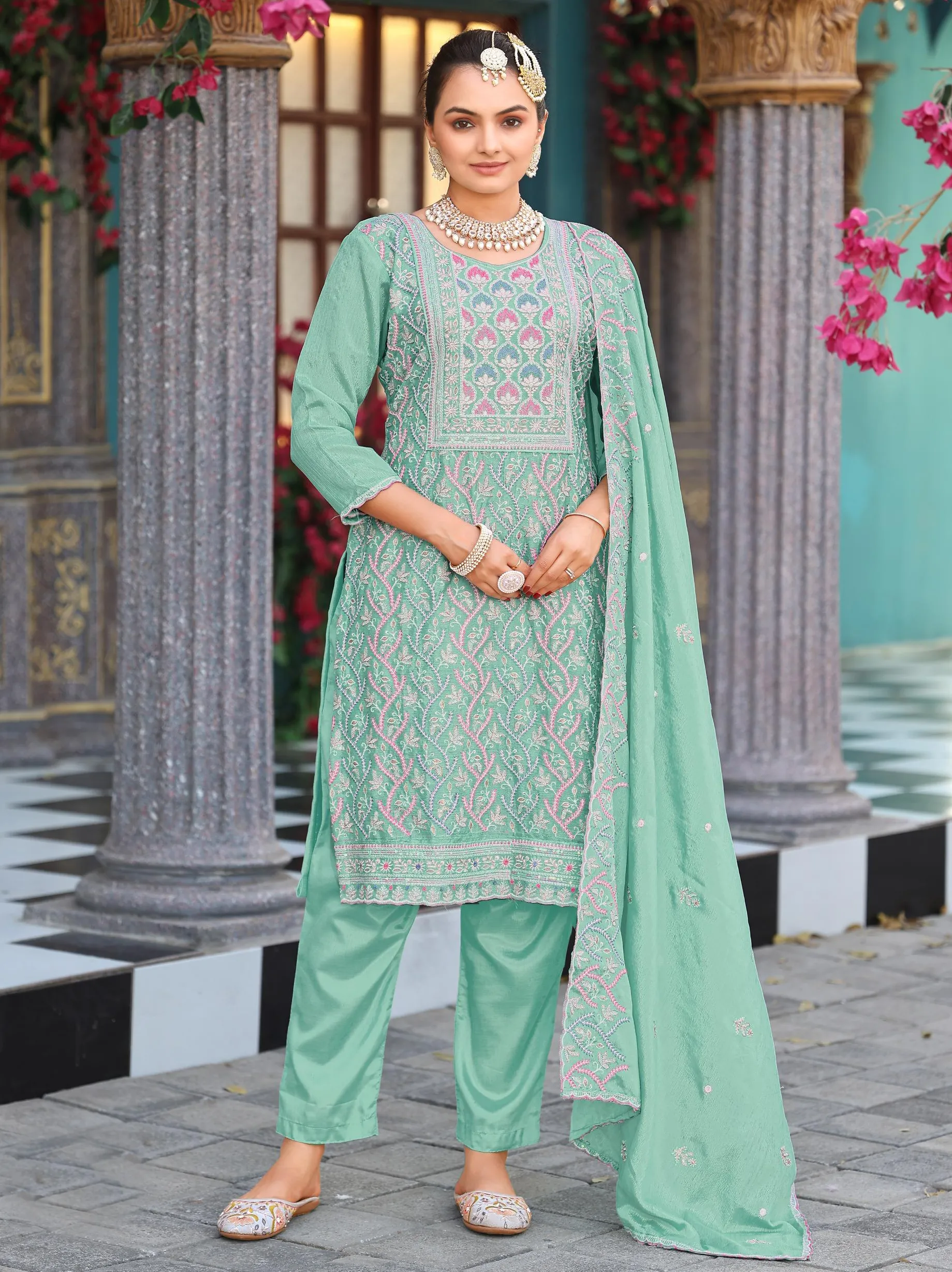 Sea Green Chinon Silk Embroidered Readymade Suit
