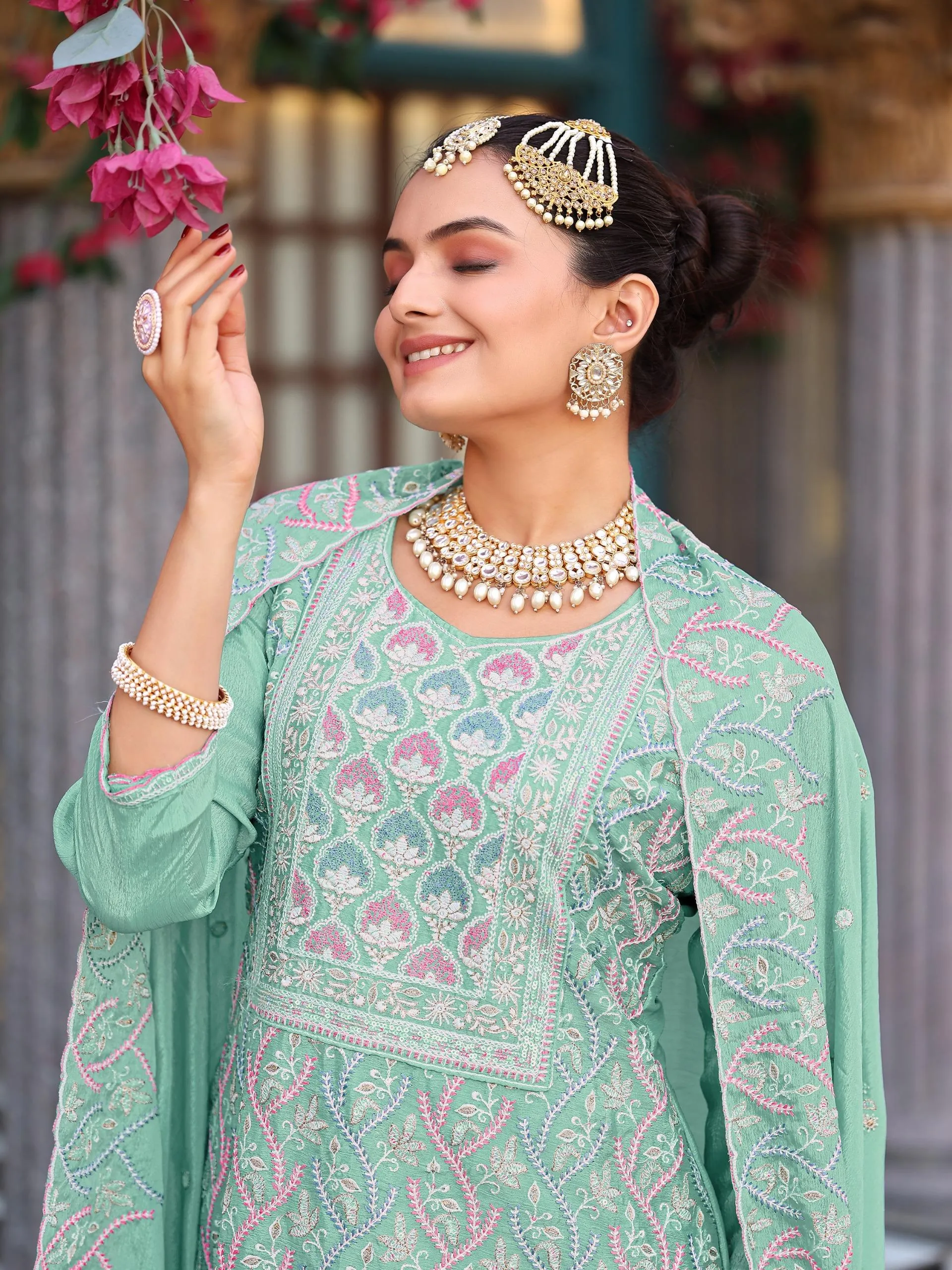 Sea Green Chinon Silk Embroidered Readymade Suit - Image 3