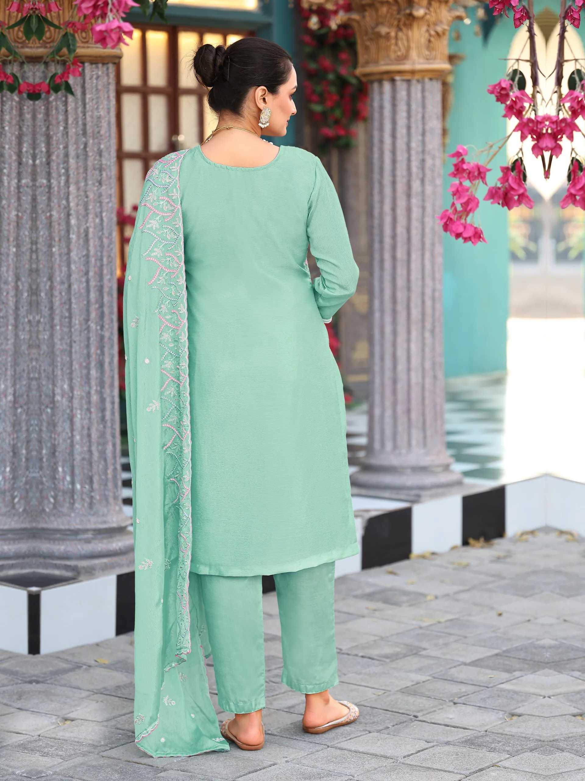 Sea Green Chinon Silk Embroidered Readymade Suit - Image 2