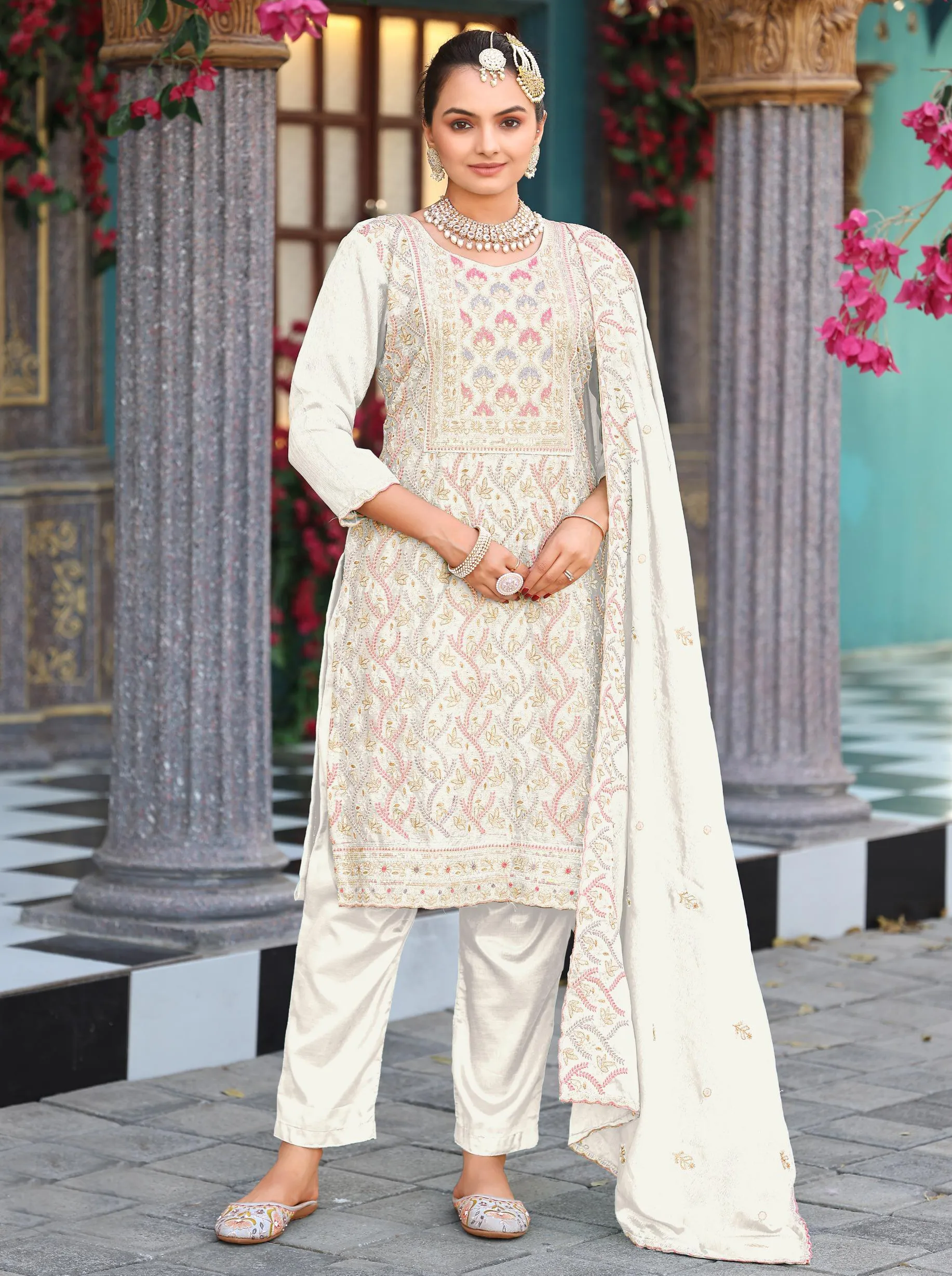 Off White Chinon Silk Embroidered Readymade Suit