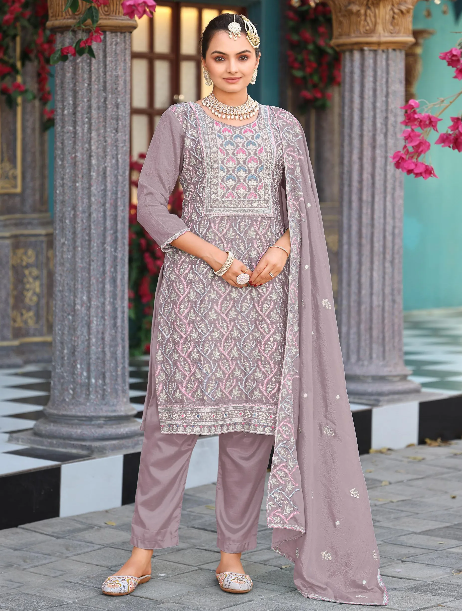 Brown Chinon Silk Embroidered Readymade Suit