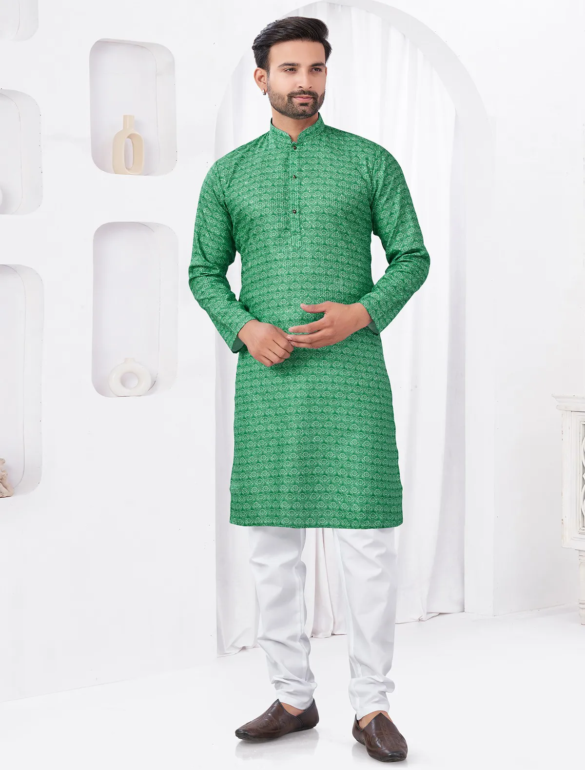 Green Cotton Printed Kurta Set