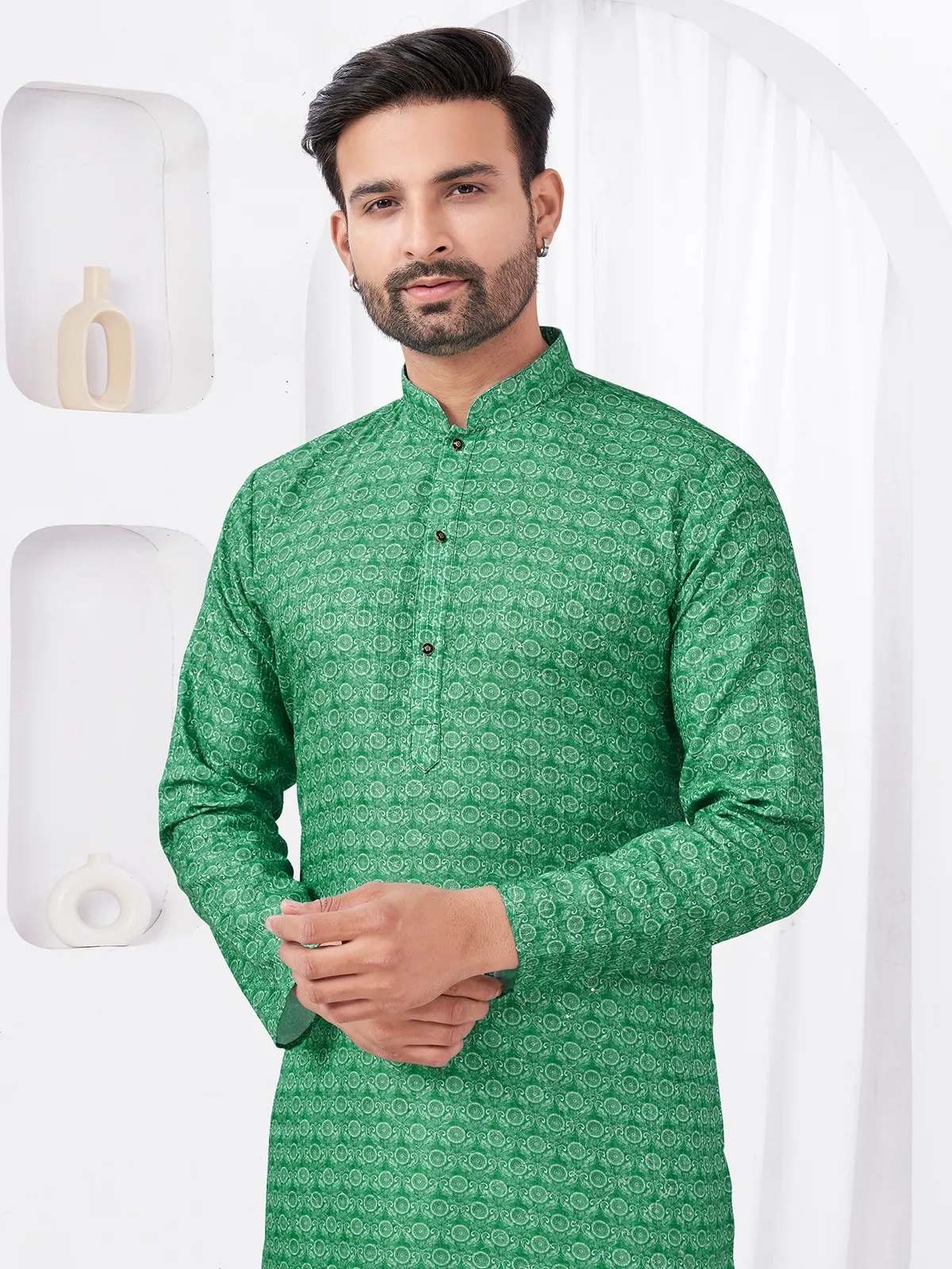 Green Cotton Printed Kurta Set - Image 2