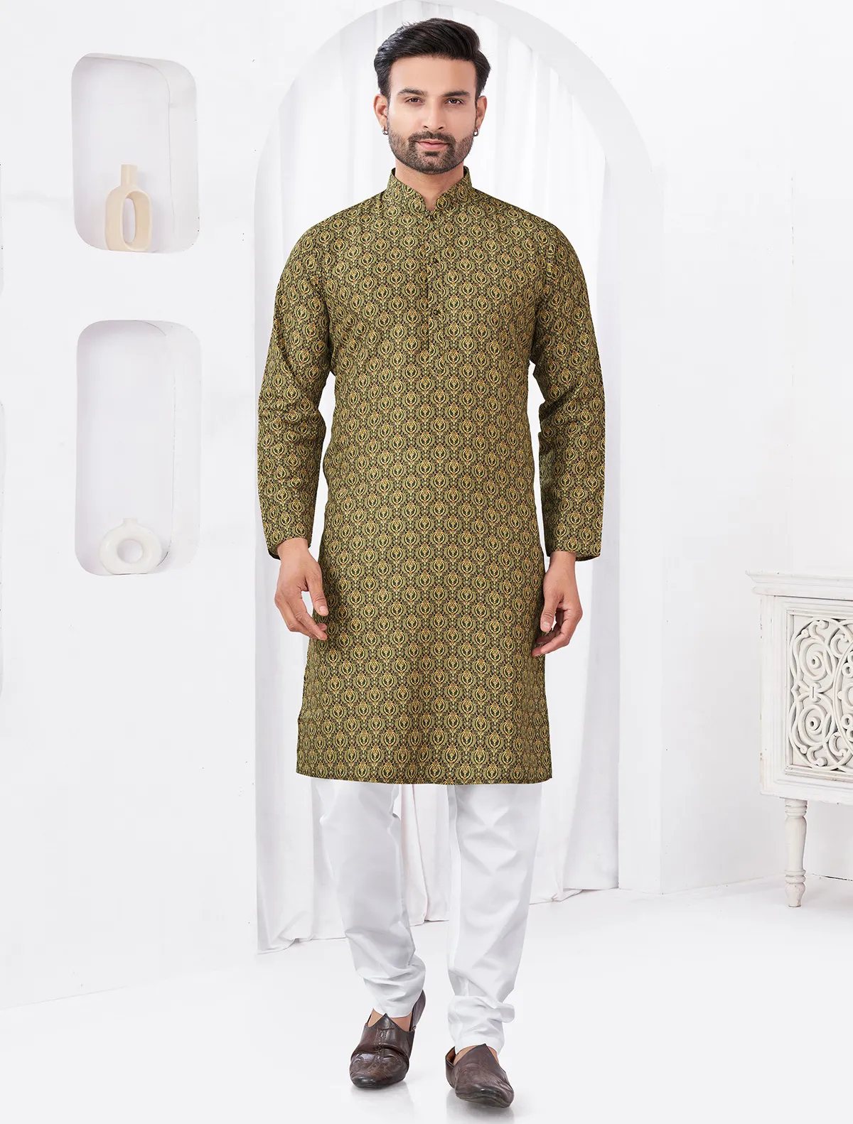 Olive Green Cotton Printed Kurta Set