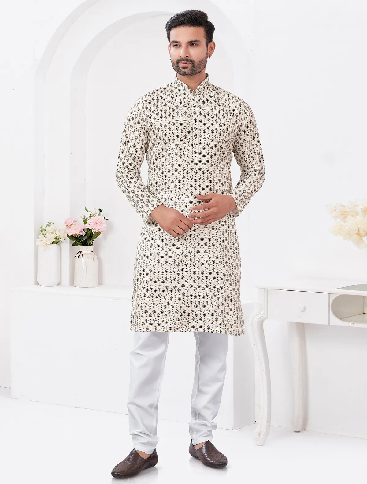 Off White Cotton Printed Kurta Set