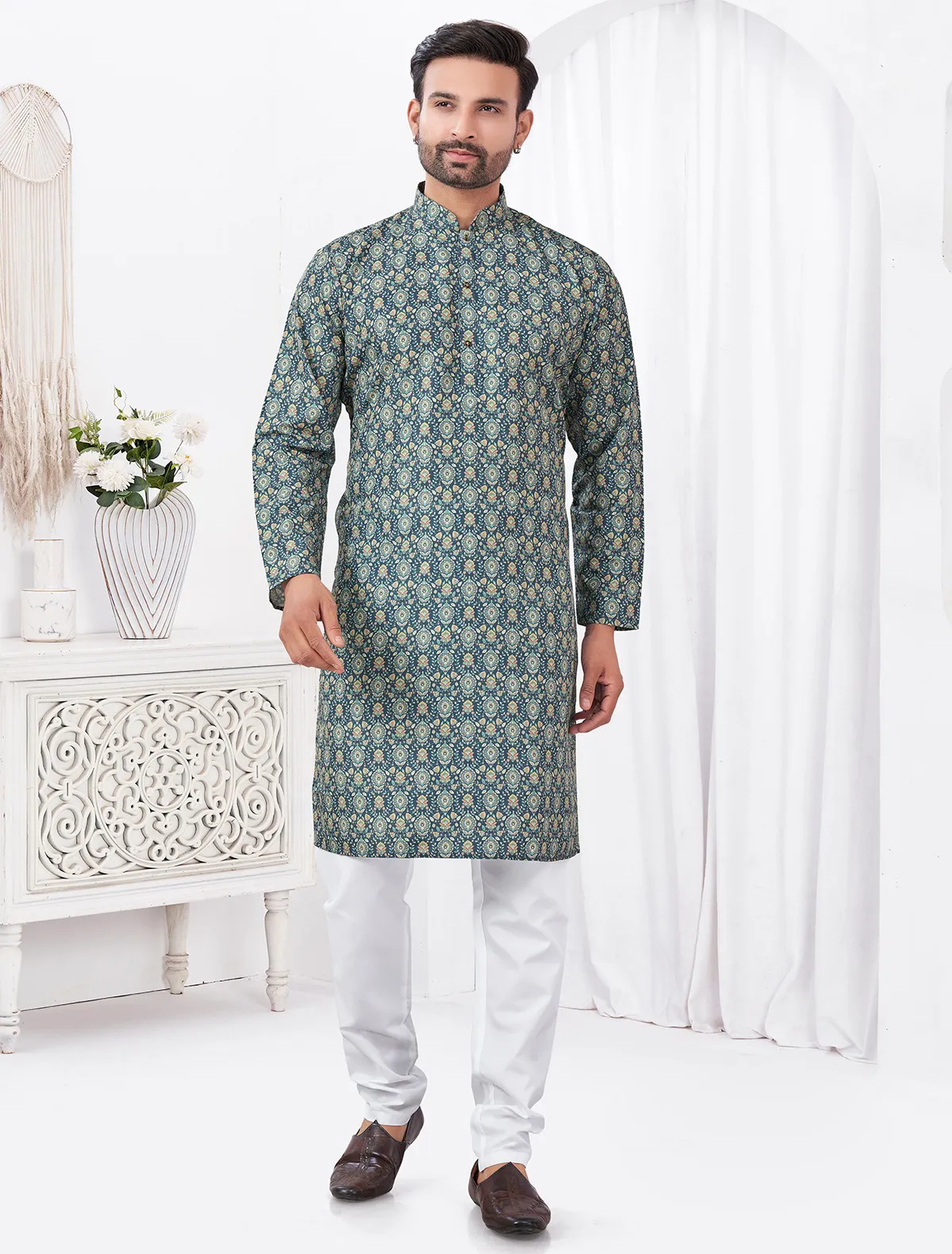 Blue Cotton Printed Kurta Set