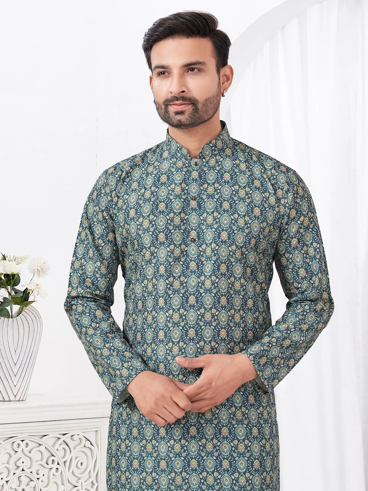 Blue Cotton Printed Kurta Set - Image 2