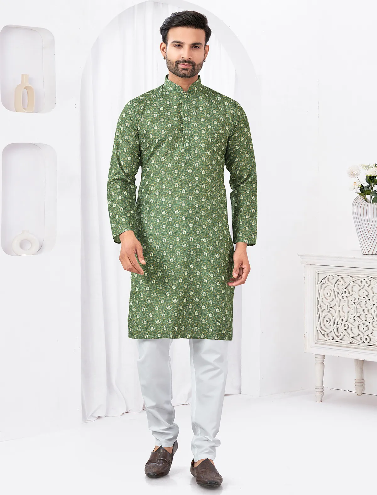 Green Cotton Printed Kurta Set