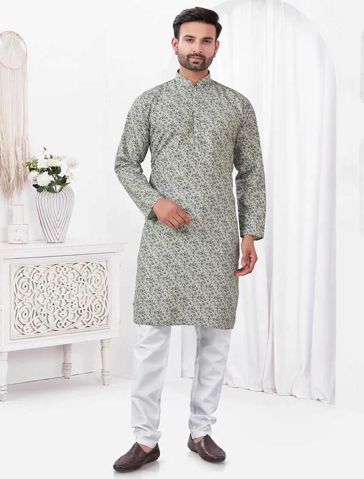 Grey Cotton Printed Kurta Set