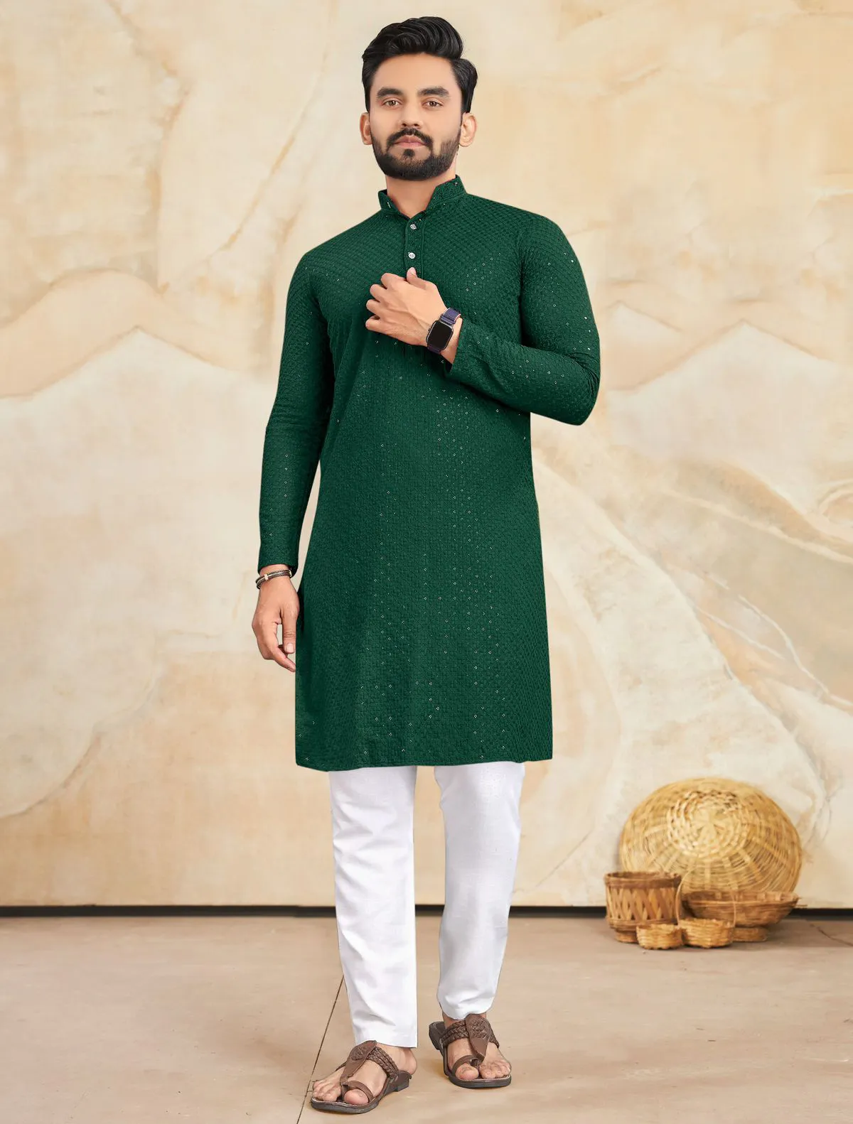 Green Rayon Lucknowi Work Mens Kurta Set