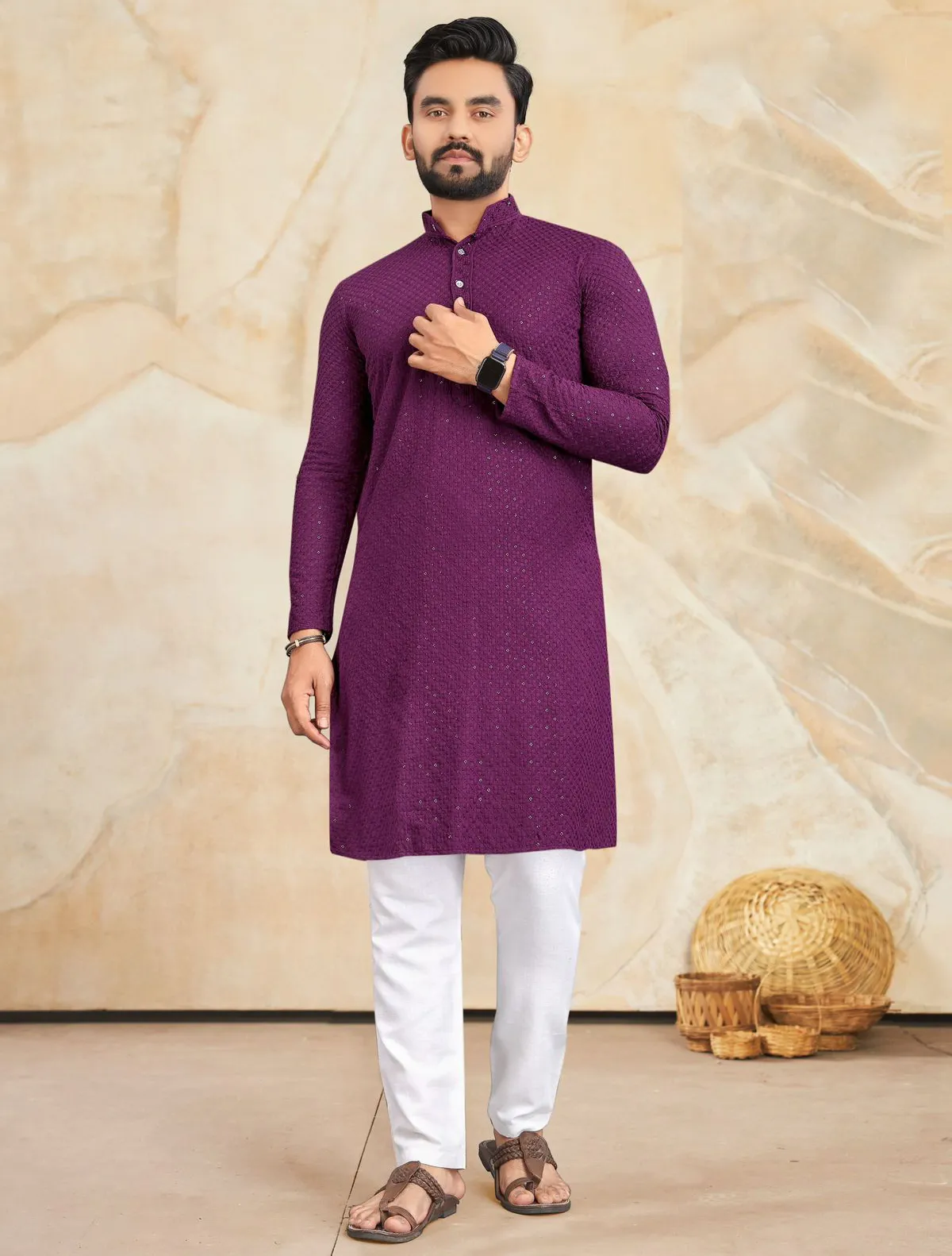 Wine Rayon Lucknowi Work Mens Kurta Set