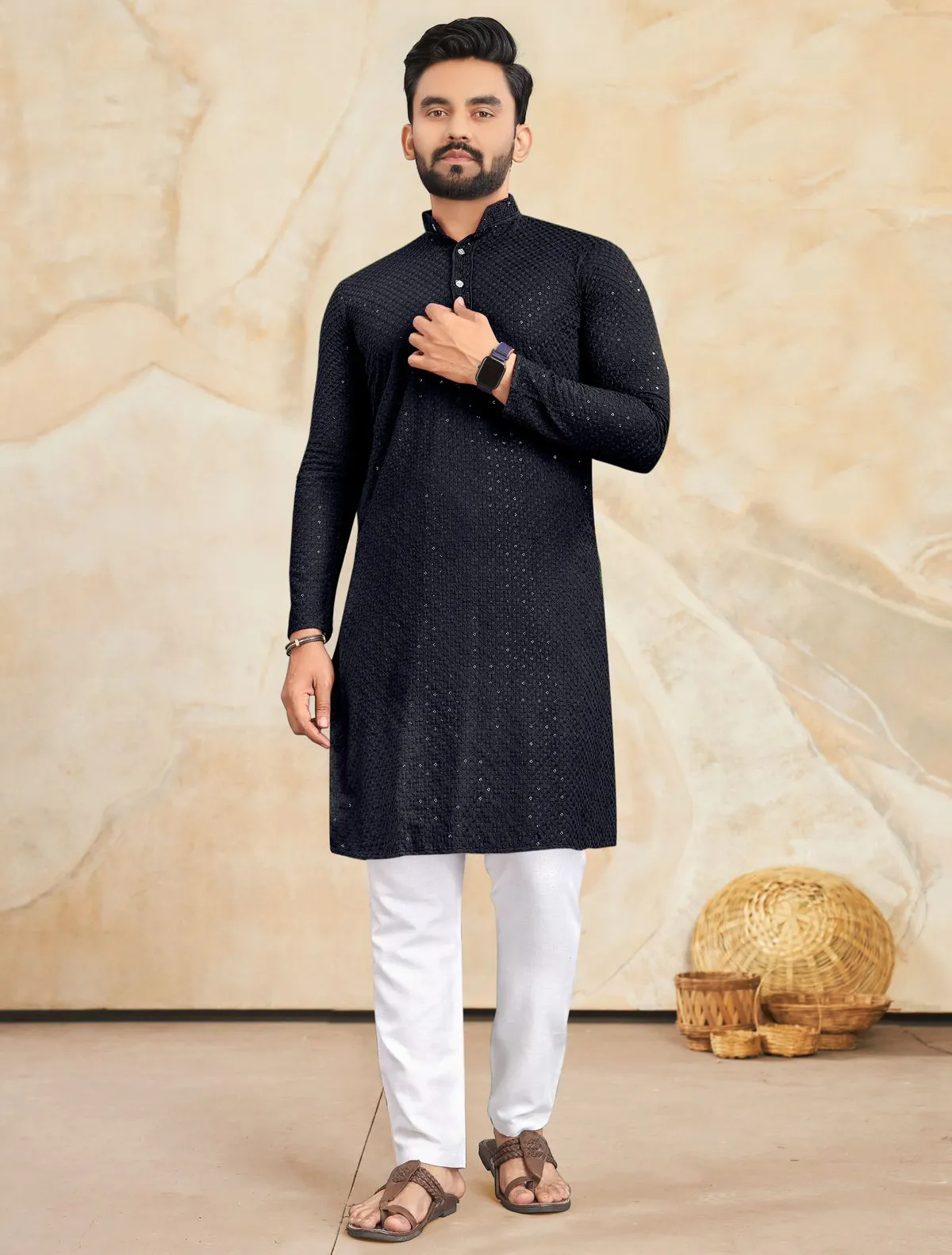 Black Rayon Lucknowi Work Mens Kurta Set