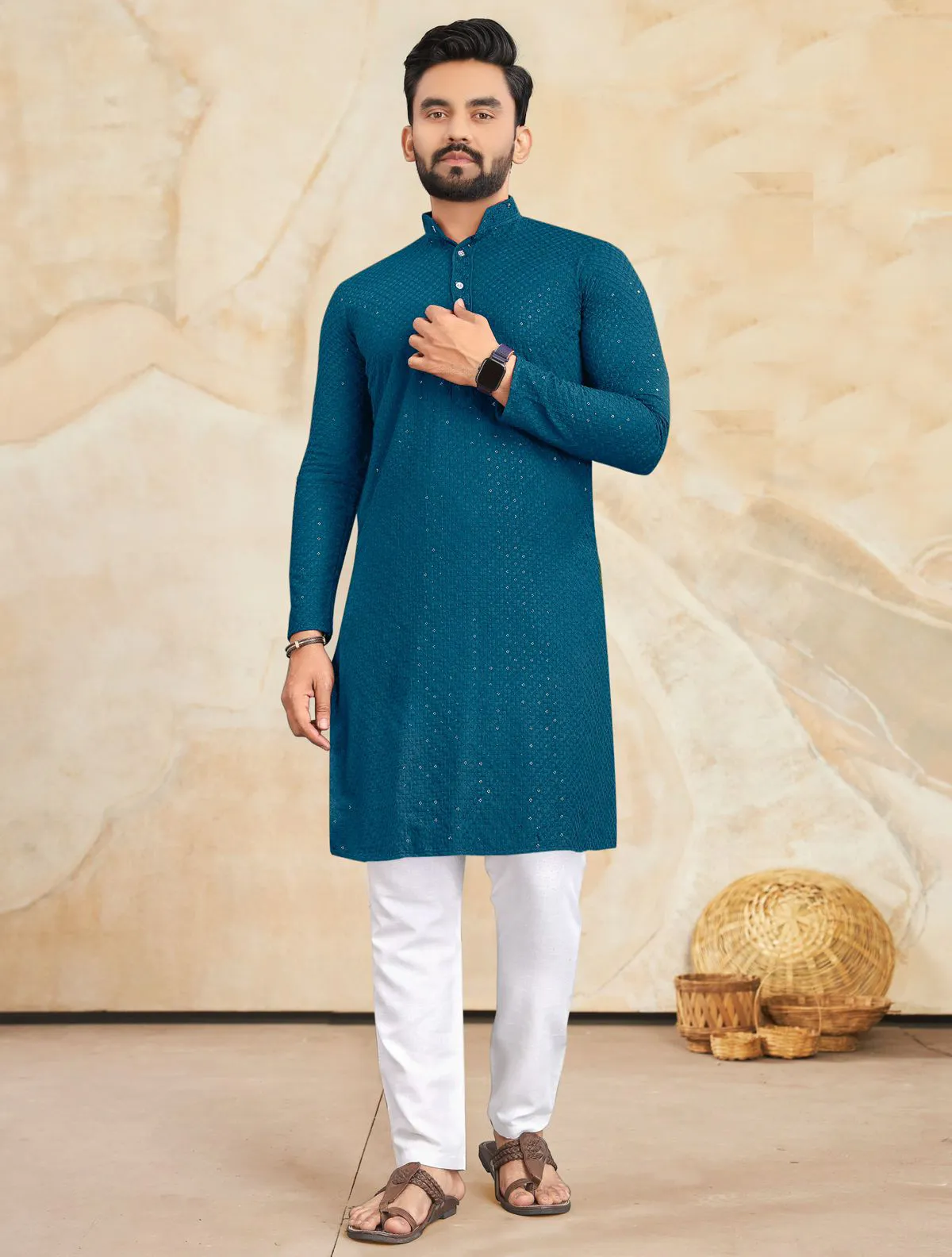 Rama Blue Rayon Lucknowi Work Mens Kurta Set