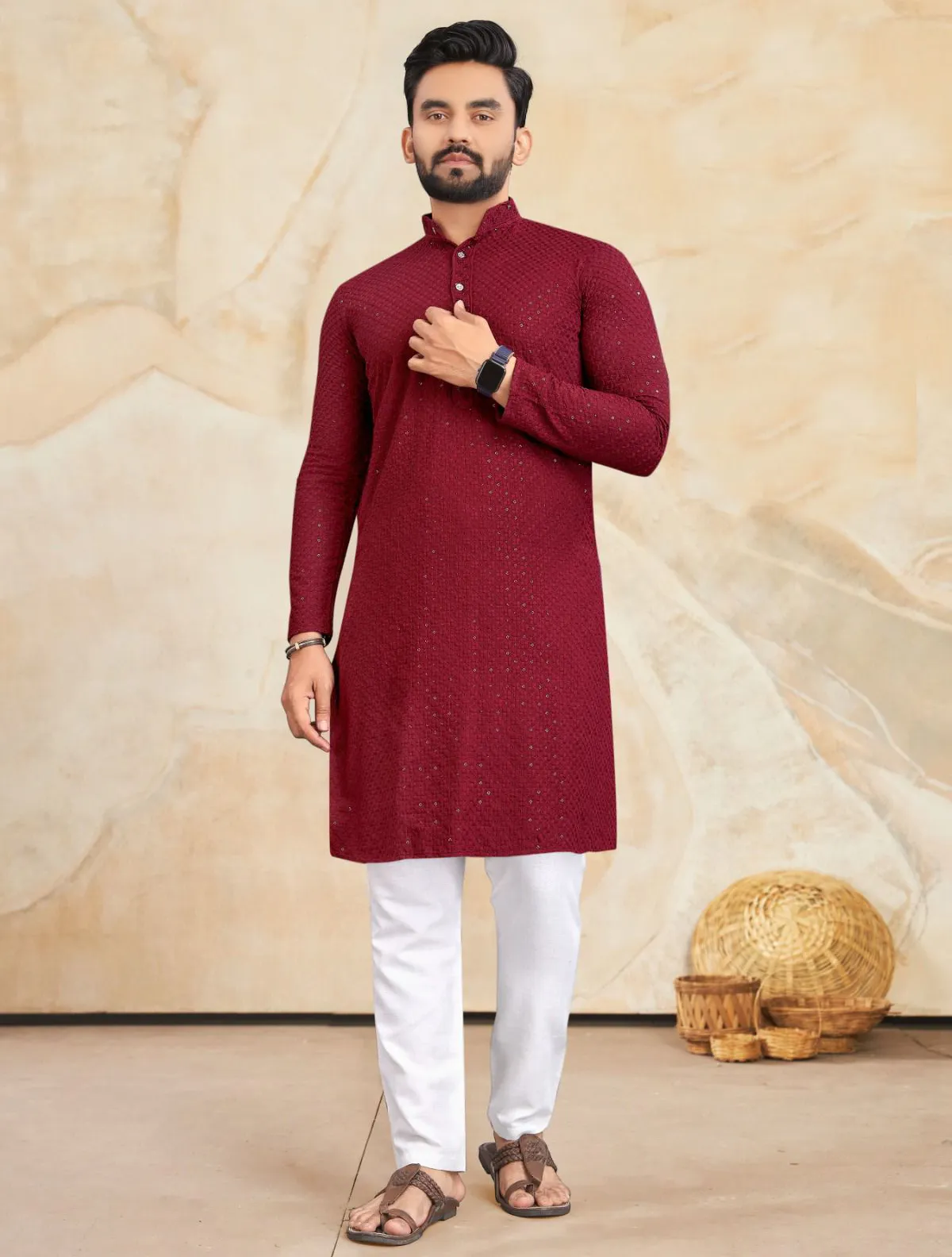Maroon Rayon Lucknowi Work Mens Kurta Set