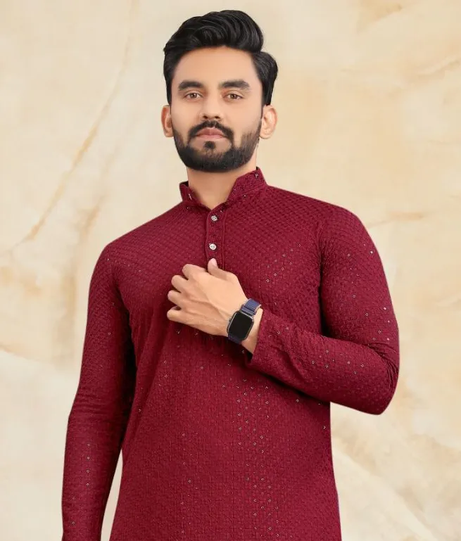 Maroon Rayon Lucknowi Work Mens Kurta Set - Image 2