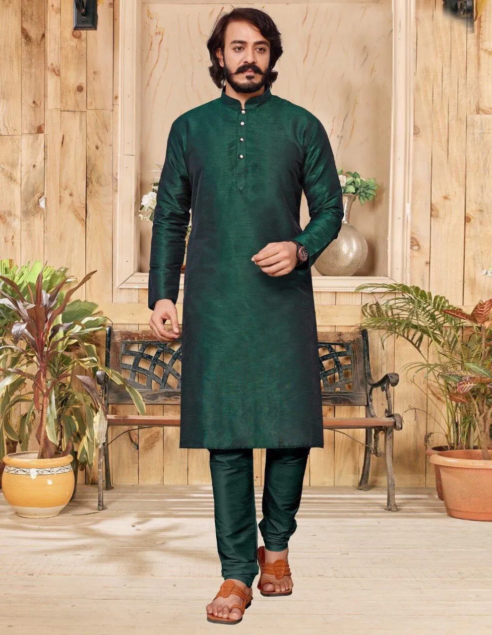 Green Silk Plain Mens Kurta Set