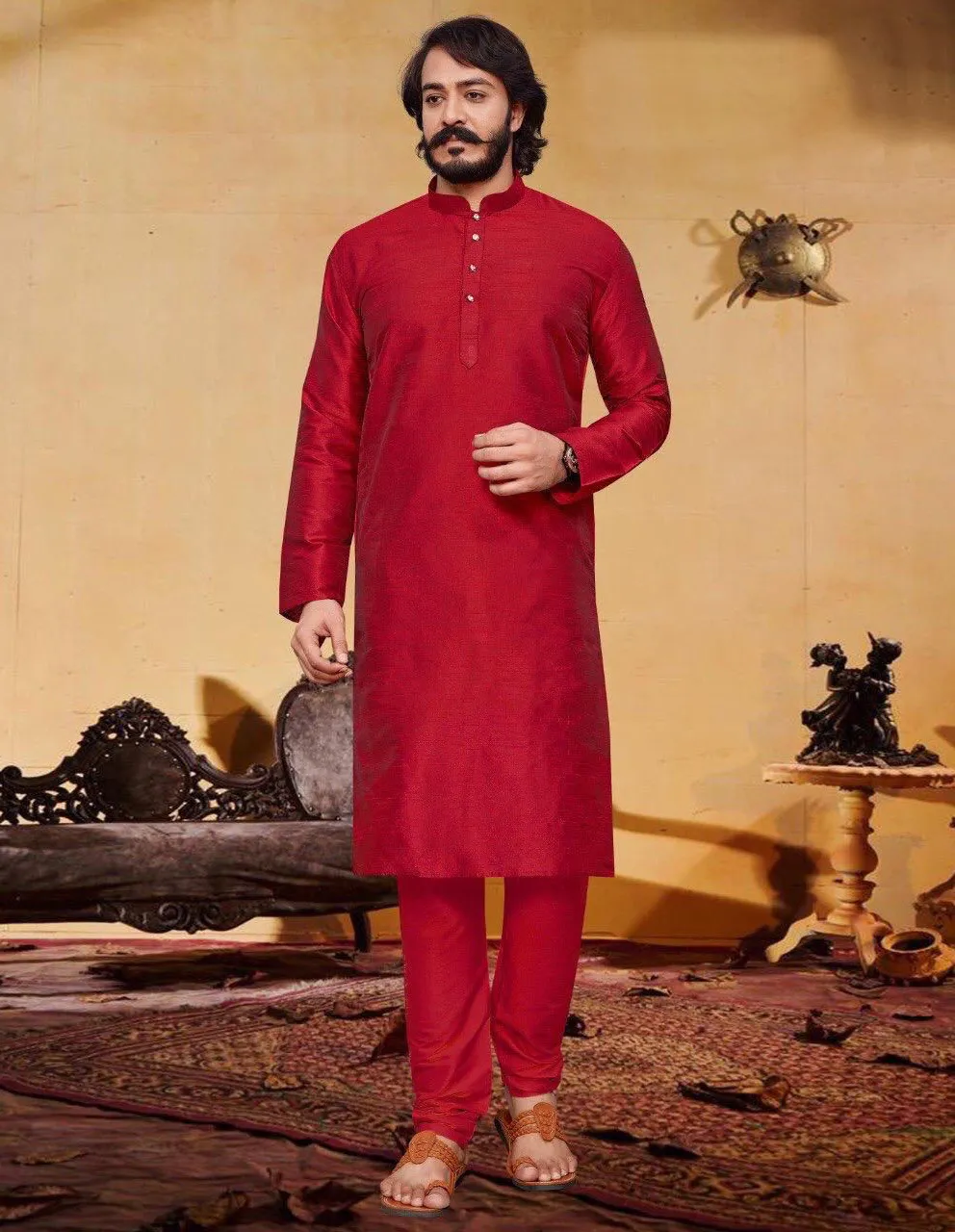 Red Silk Plain Mens Kurta Set