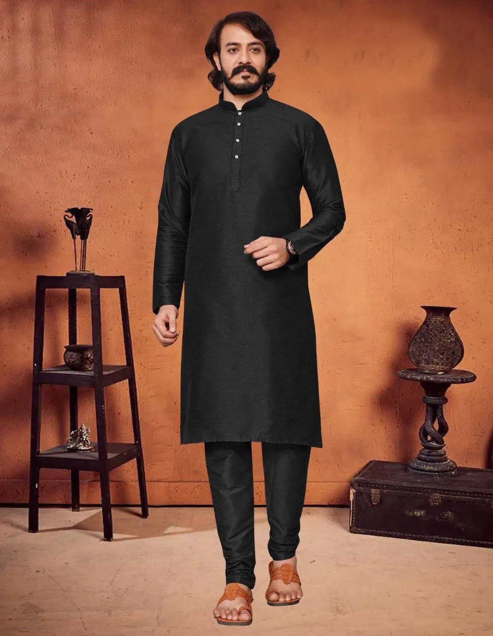Black Silk Plain Mens Kurta Set