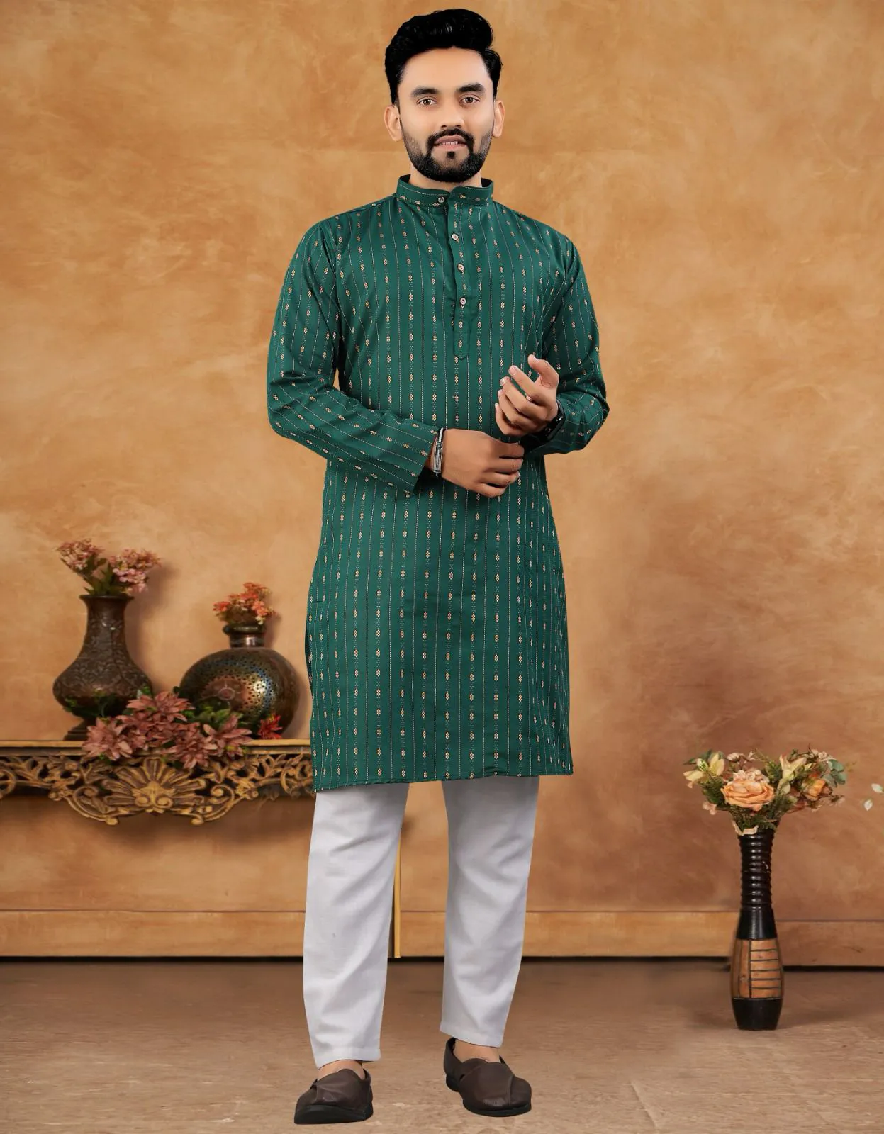 Green Cotton Jacquard Work Mens Kurta Set