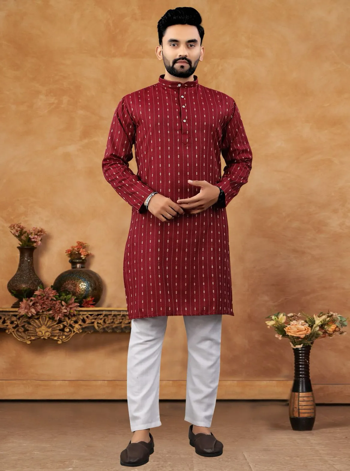 Maroon Cotton Jacquard Work Mens Kurta Set
