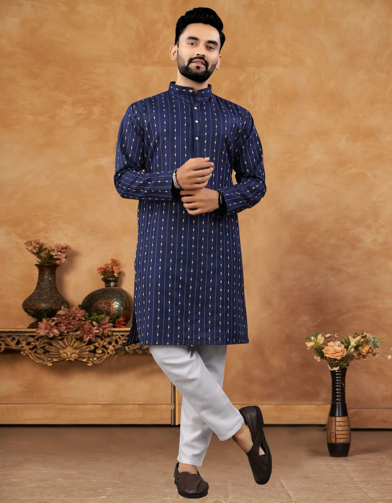 Blue Cotton Jacquard Work Mens Kurta Set