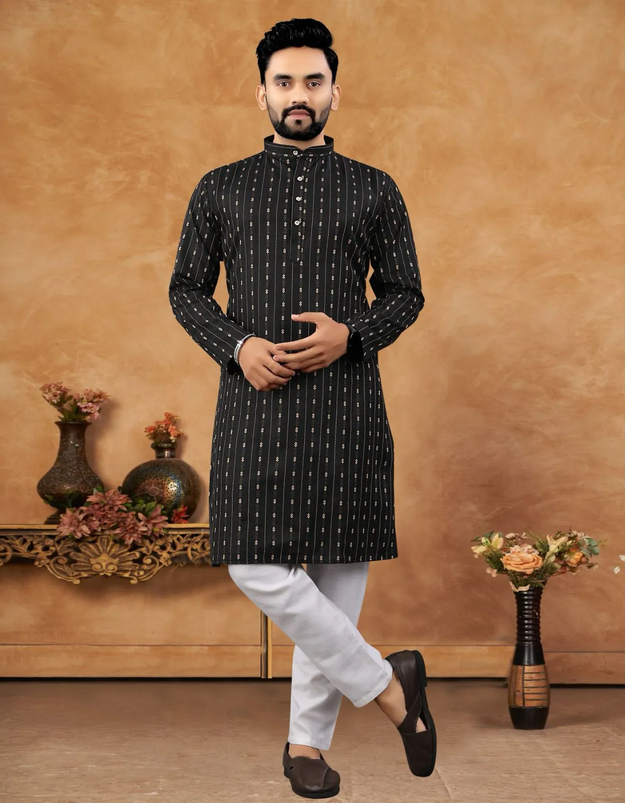 Black Cotton Jacquard Work Mens Kurta Set