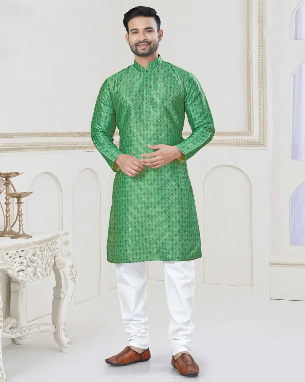Green Silk Jacquard Work Mens Kurta Set