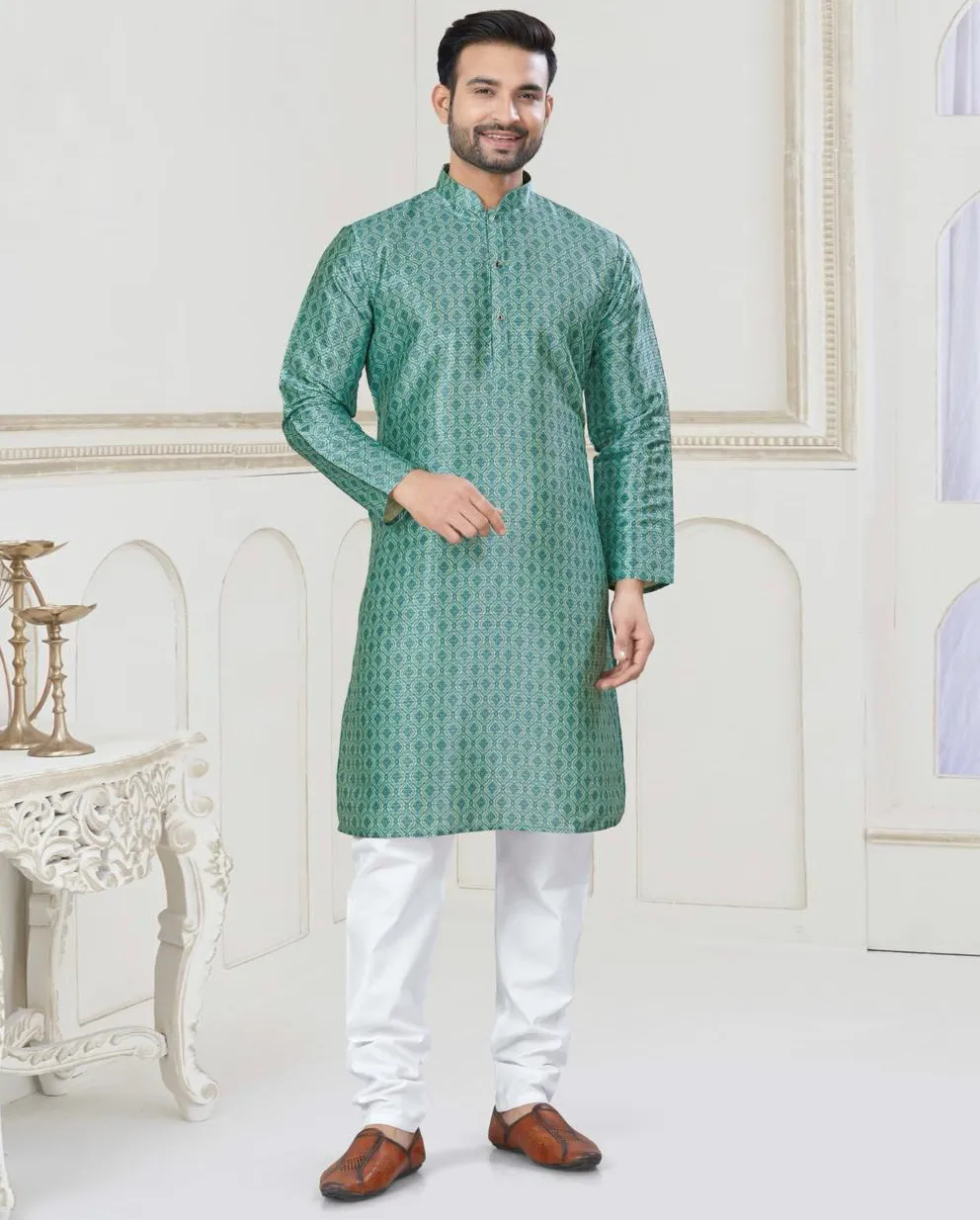 Teal Green Silk Jacquard Work Mens Kurta Set