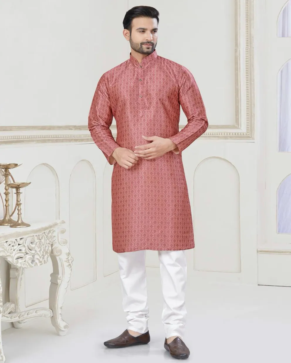 Peach Silk Jacquard Work Mens Kurta Set