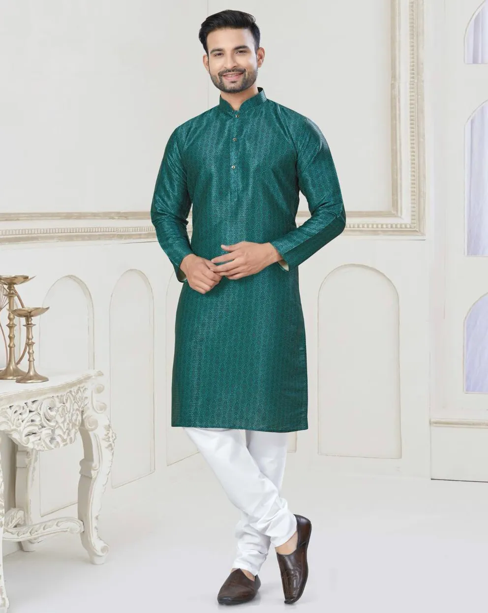 Teal Silk Jacquard Work Mens Kurta Set