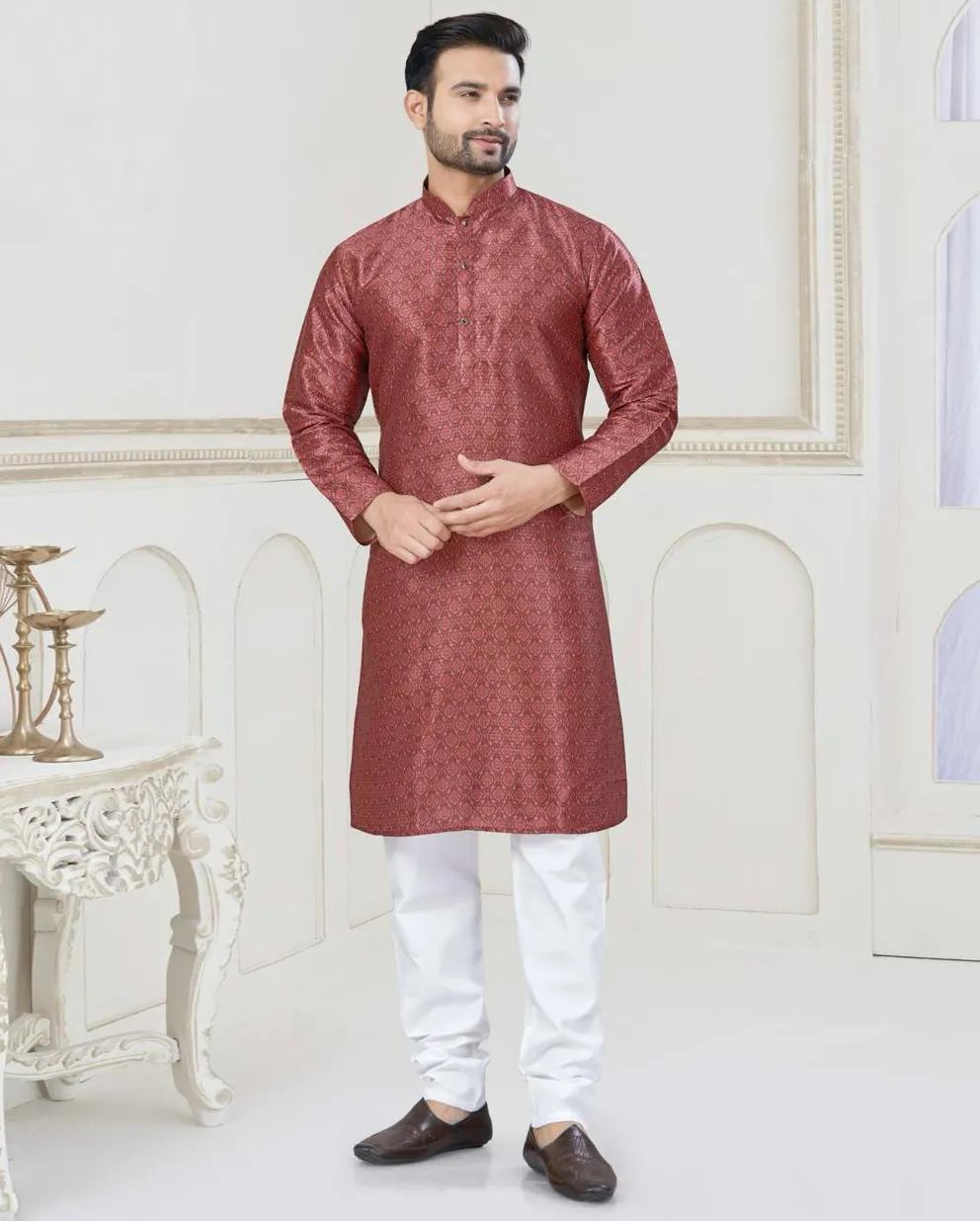 Brown Silk Jacquard Work Mens Kurta Set
