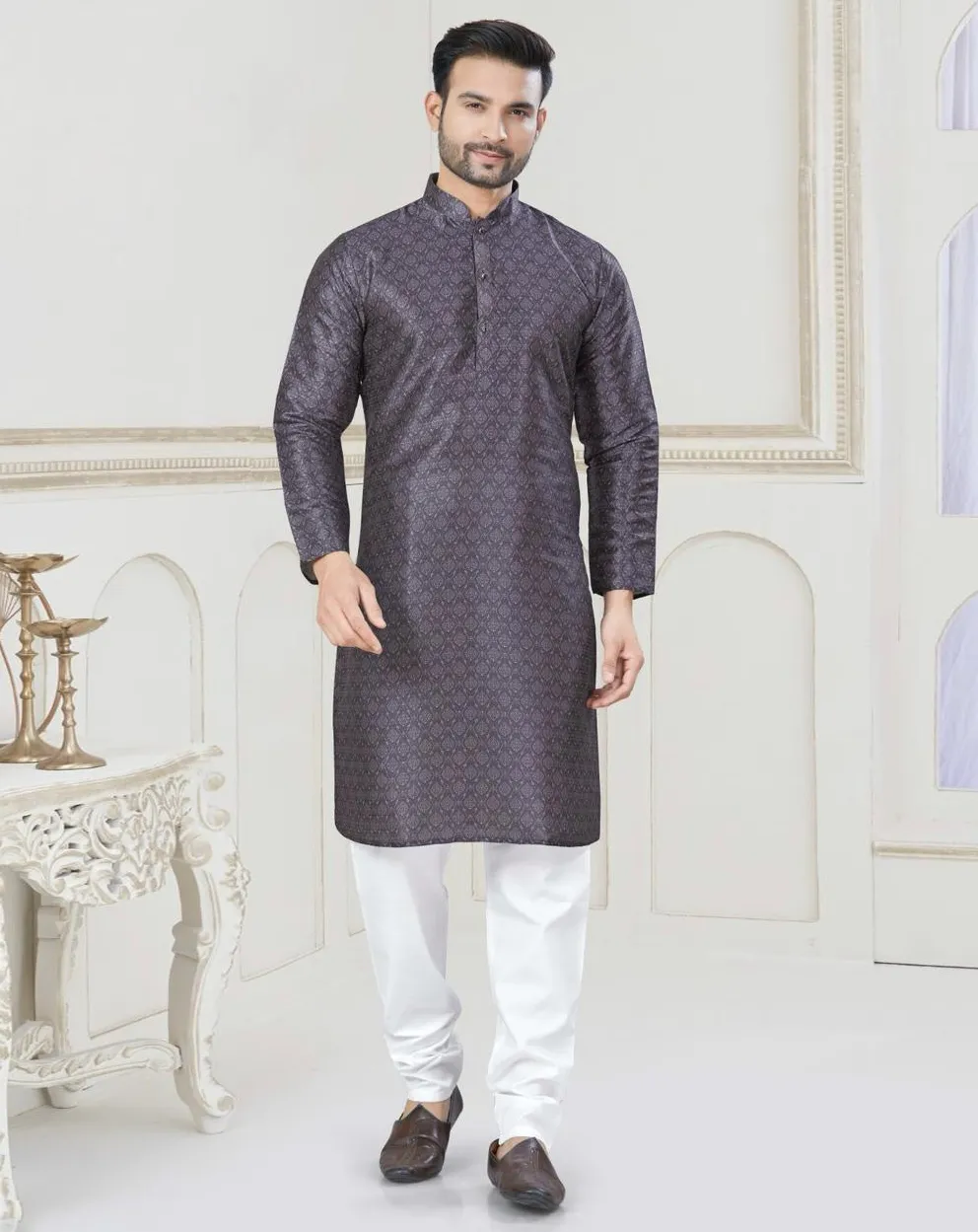 Charcoal Grey Silk Jacquard Work Mens Kurta Set