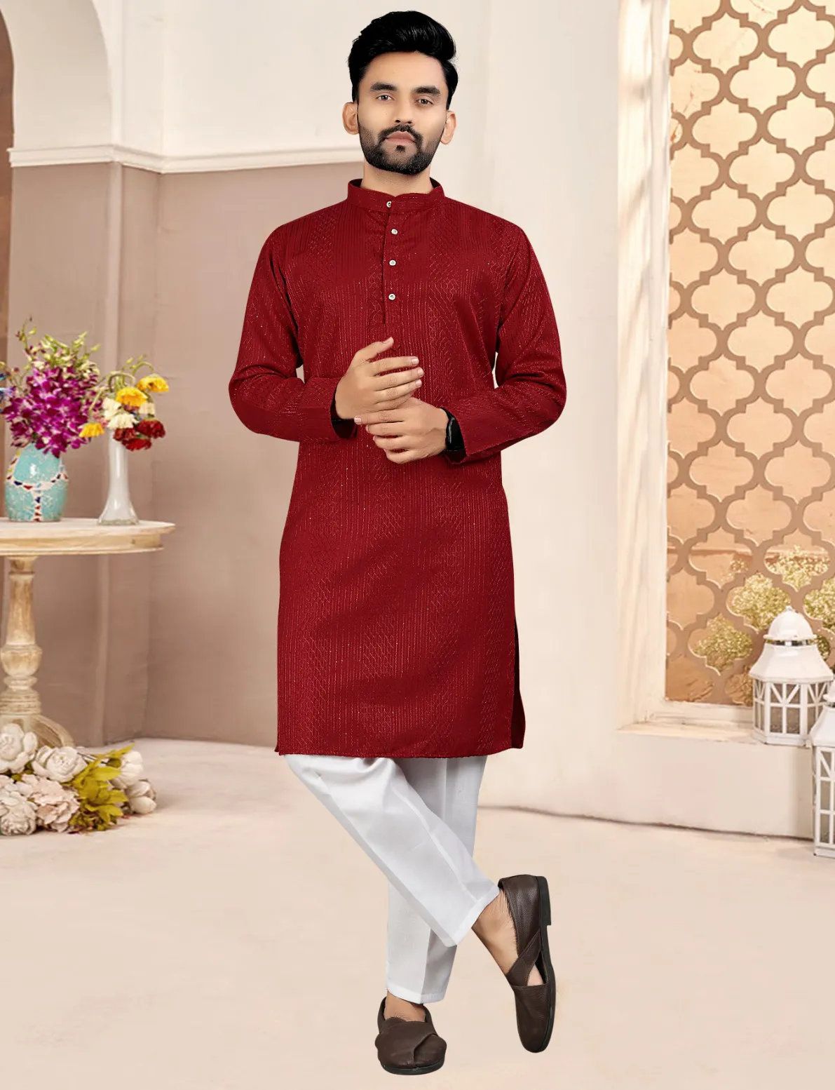 Red Cotton Crochet Sequince Work Mens Kurta Pyjama