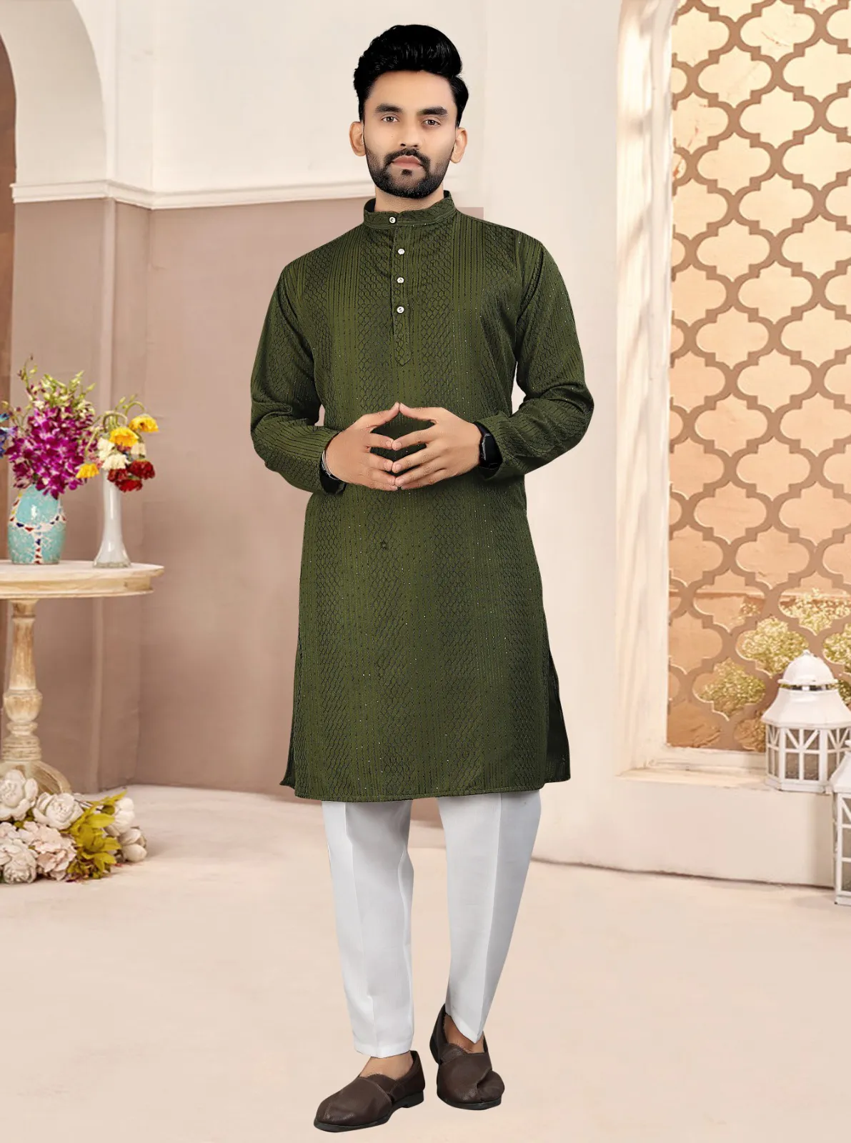 Green Cotton Crochet Sequince Work Mens Kurta Pyjama