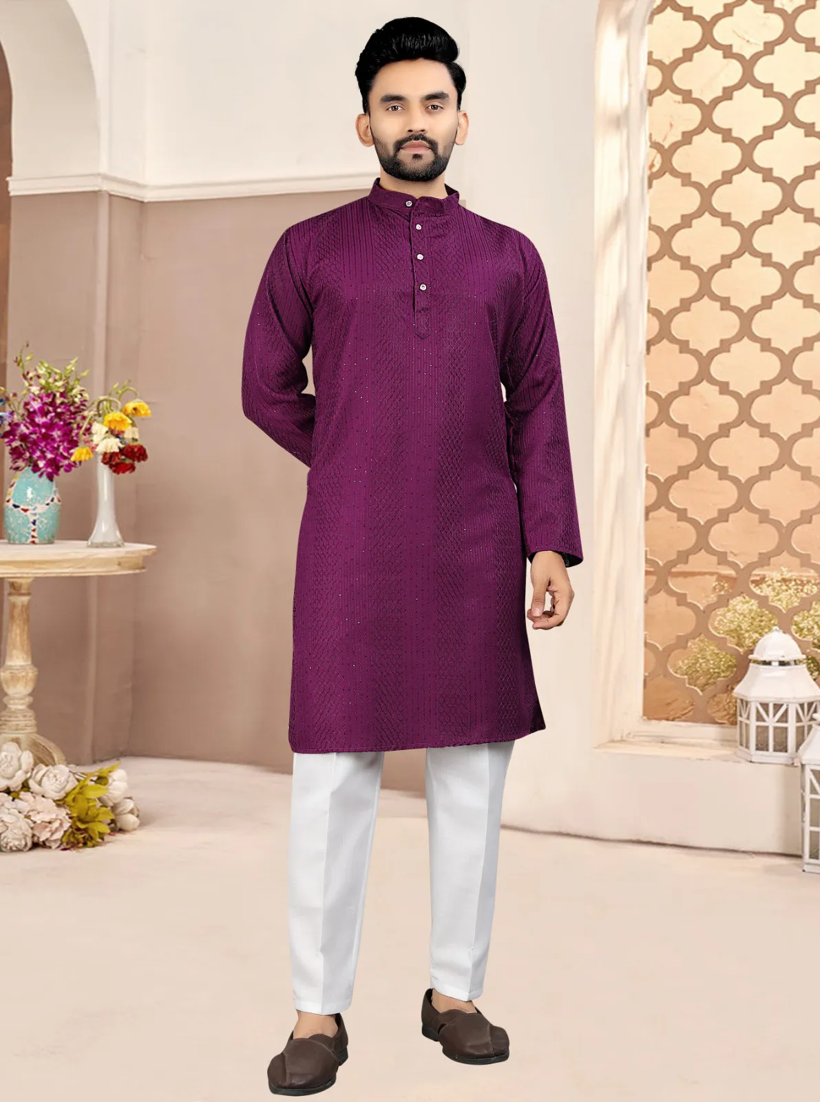 Wine Cotton Crochet Sequince Work Mens Kurta Pyjama