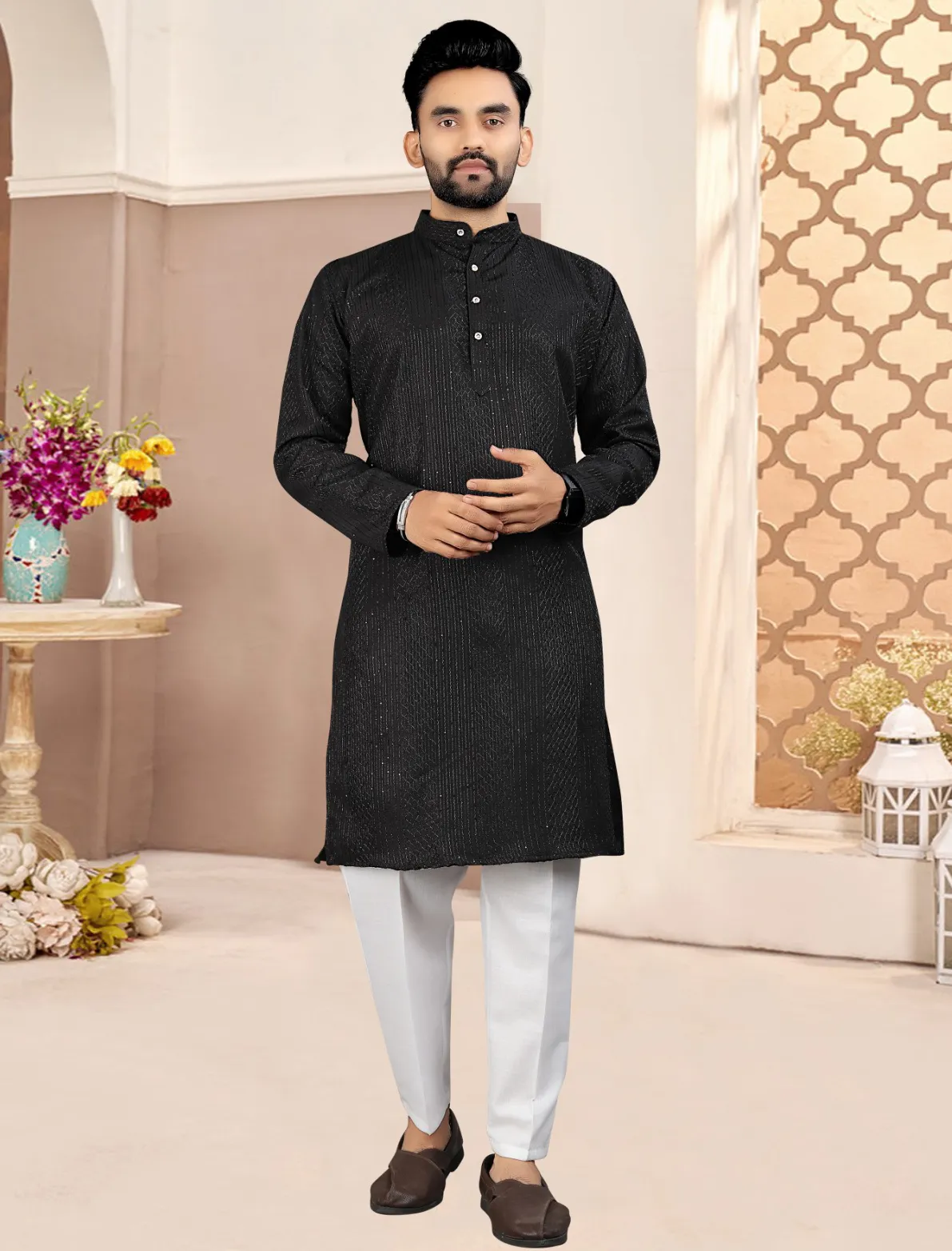 Black Cotton Crochet Sequince Work Mens Kurta Pyjama