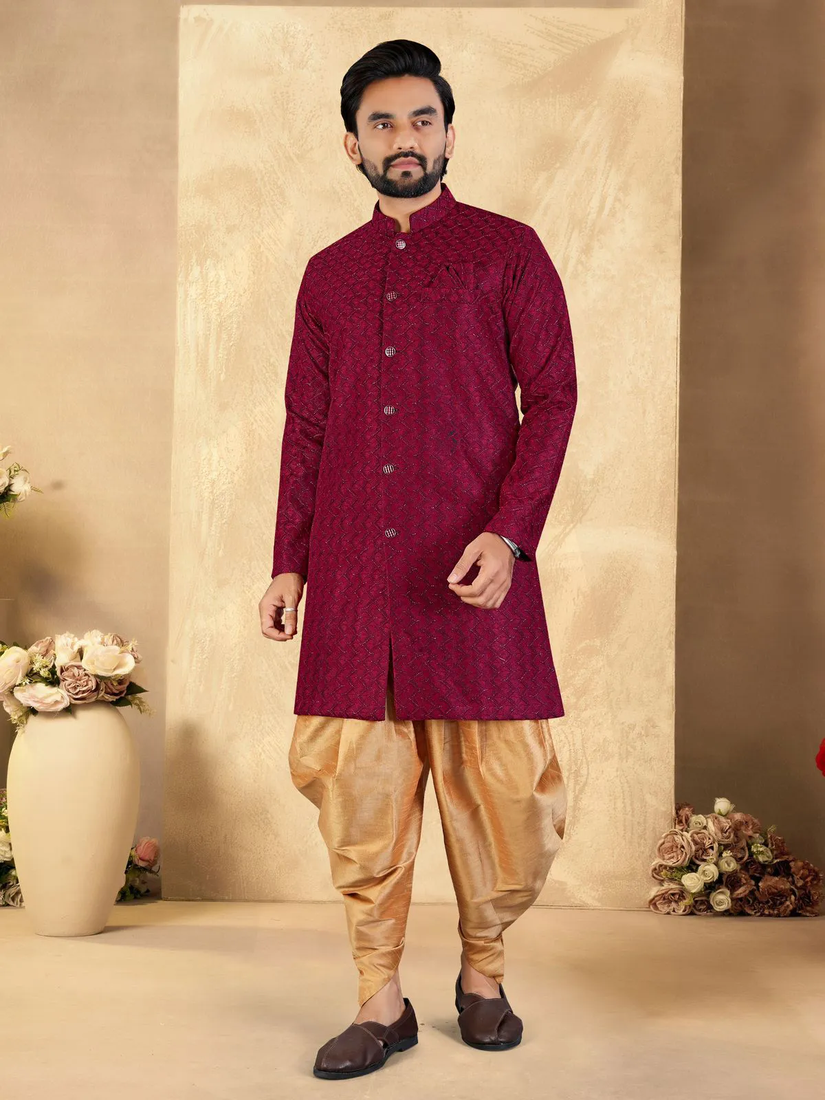 Red Imported Fabric Men's Indo Western Collection