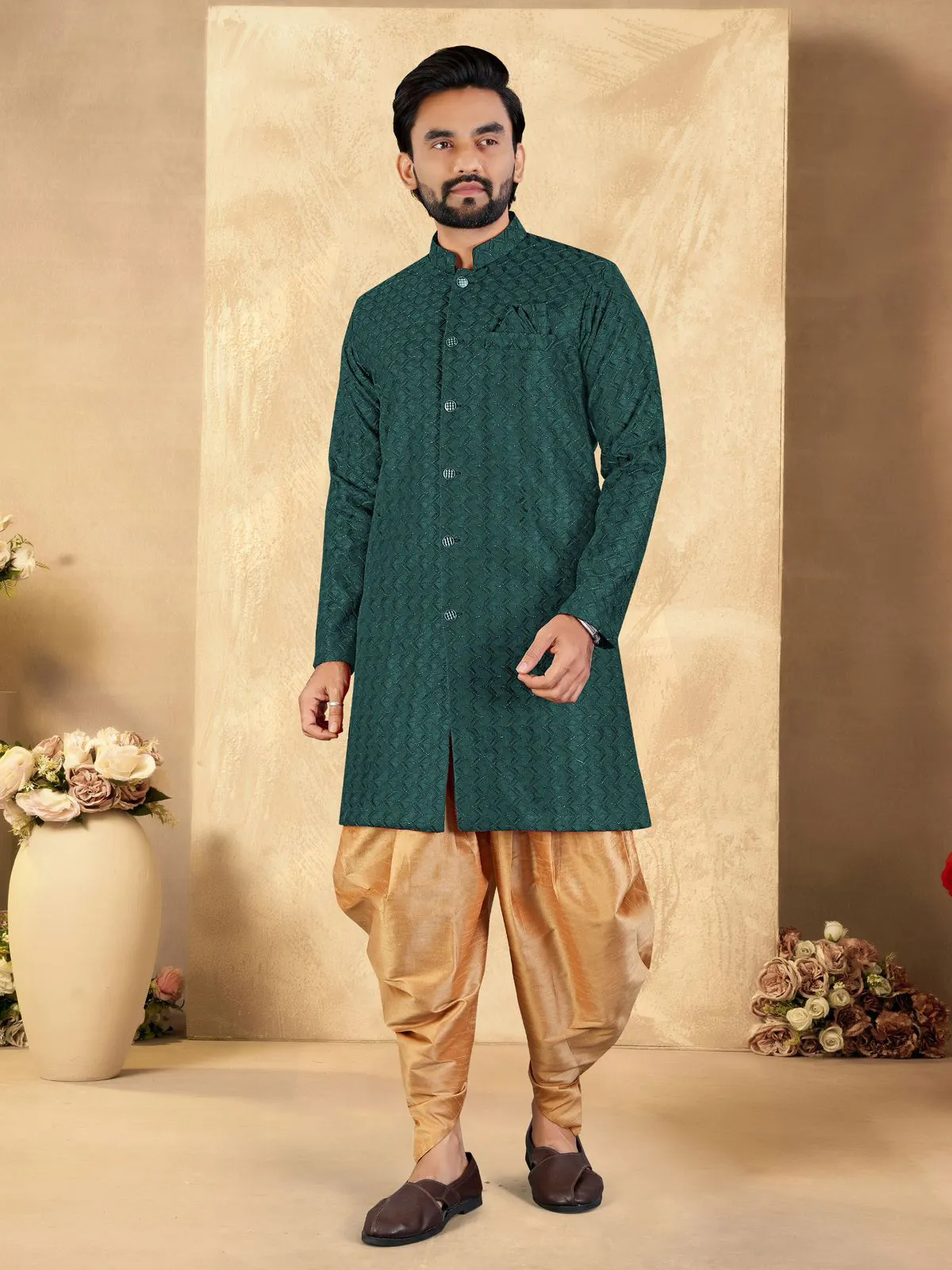 Green Imported Fabric Men's Indo Western Collection