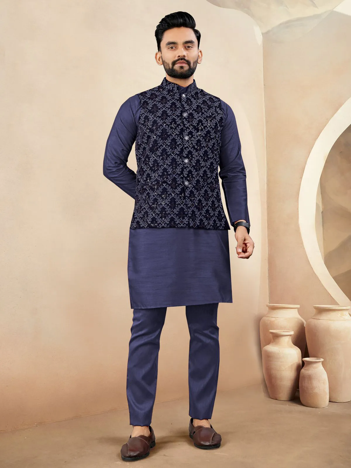 Navy Blue Silk Kurta Pyjama With Velvet Koti Set