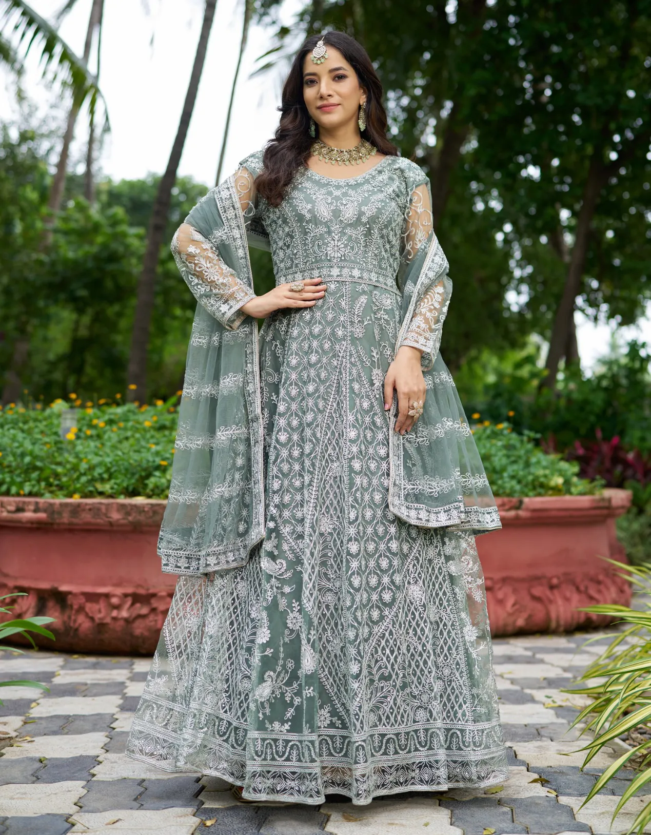 Mint Green Pure Butterfly Net Heavy Embroidered Salwar Suit