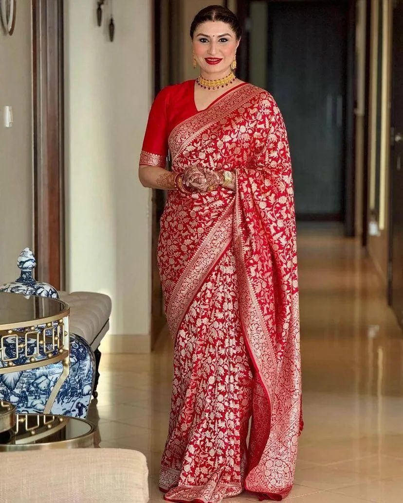 Red Lichi Silk Weaving Work Saree