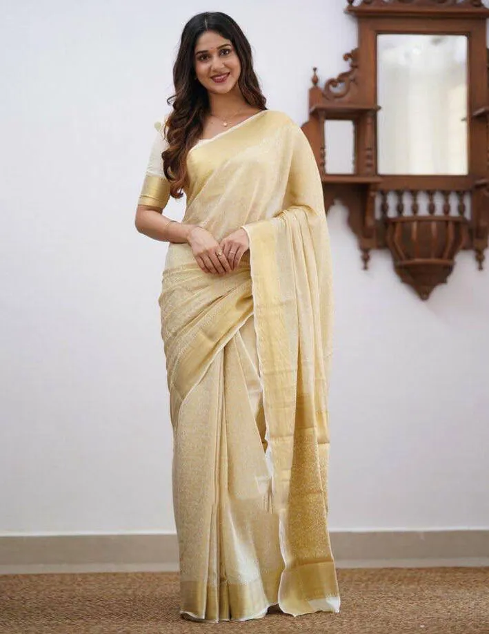 Cream Lichi Silk Weaving Work Saree