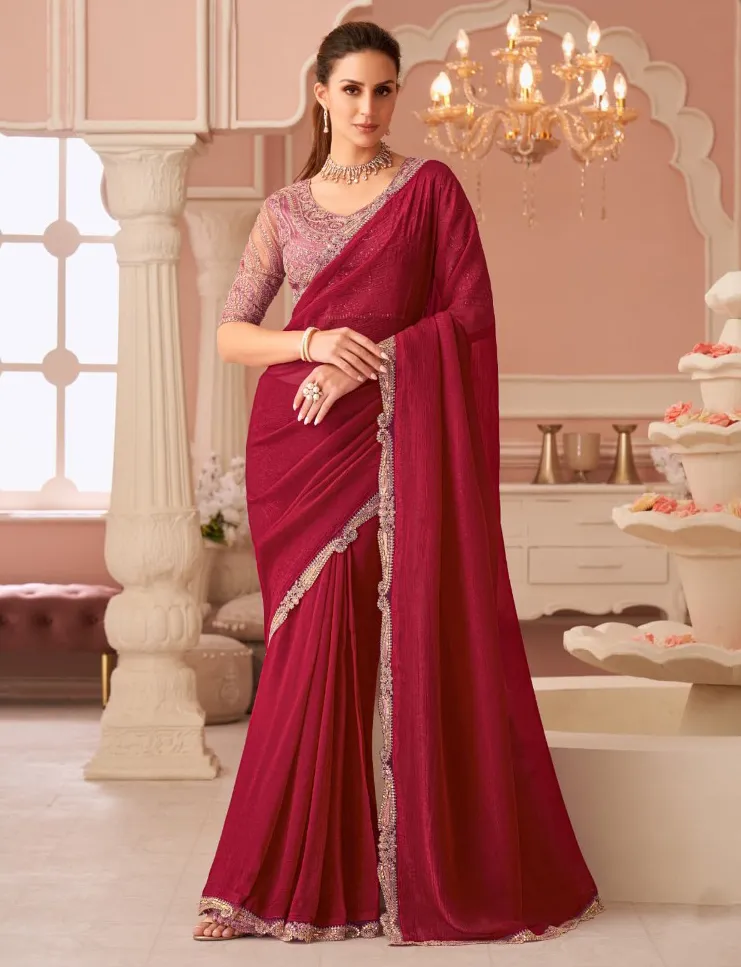 Red Georgette Border Work Saree With Heavy Blouse