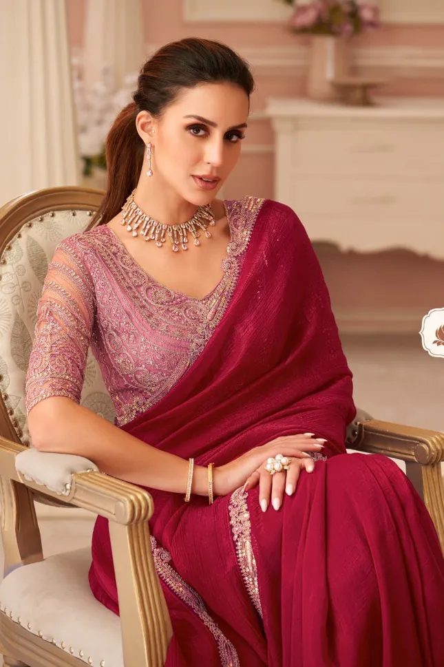 Red Georgette Border Work Saree With Heavy Blouse - Image 2