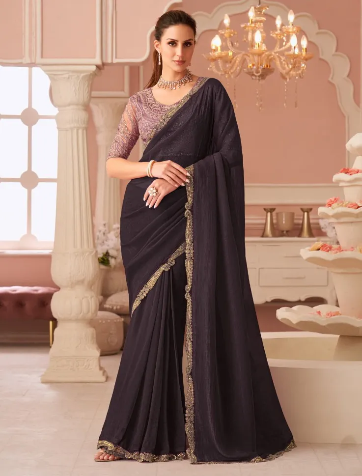 Brown Georgette Border Work Saree With Heavy Blouse
