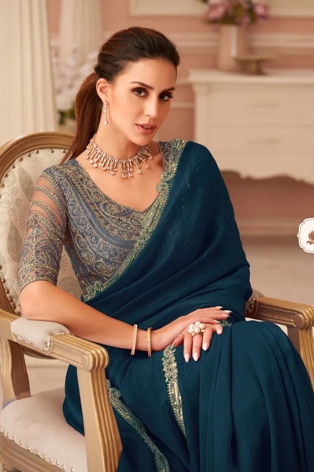 Teal Blue Georgette Border Work Saree With Heavy Blouse - Image 2