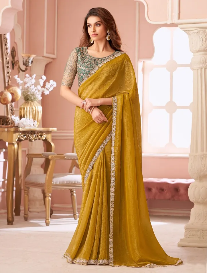 Mustard Georgette Border Work Saree With Heavy Blouse
